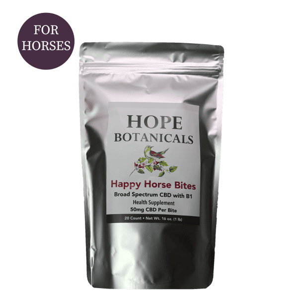 Silver packaged CBD Happy Horse Bites with a white packing label.